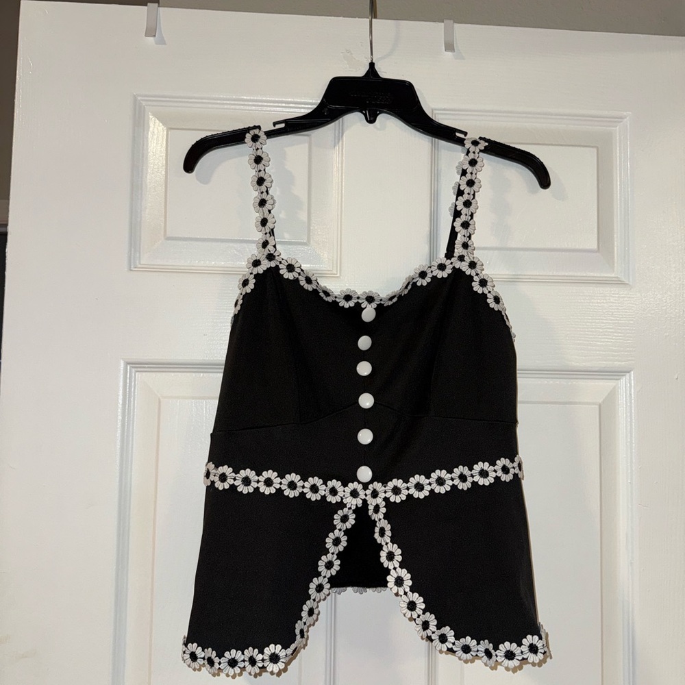 SHEIN Curve Black Tank Top with White Floral Accents and Slit - Size 0XL